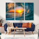 Ocean Wave Sunset Wall Art | Large Coastal Wave Canvas Print
