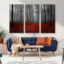 Red Forest Floor Canvas Wall Art – Mystical Foggy Woodland