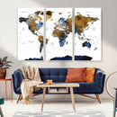 Modern Abstract World Map Canvas Wall Art – Framed Blue and