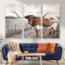 Vintage Texas Cow Wall Art Canvas Print, Rustic Longhorn