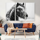 Winter Horse Canvas Print | Large 3-Panel Black White Equine