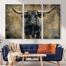 Texas Longhorn Bull Wall Art – Framed Rustic Cow Canvas