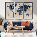 Vintage Blue World Map Canvas Wall Art – Antique Style