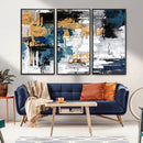 Blue and Gold Abstract Canvas Wall Art – Triptych Modern