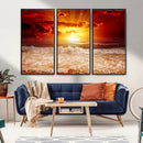 Red Sunset Ocean Beach Canvas Wall Art Beach Canvas, Coastal