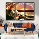 Golden Wave Sunset Triptych Canvas Art, Giclee Canvas Print