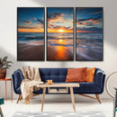 Sunset on the Ocean Beach with Waves, Reflections on Sand,