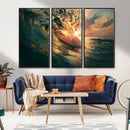 Ocean Wave Sunset Canvas Wall Art – Triptych Seascape Print