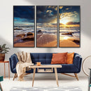 Golden Hour Beach Sunset Canvas Triptych, Ocean Waves and