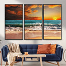 Golden Sunset Beach Canvas Wall Art – Triptych Seascape