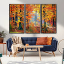 Autumn Red Forest Triptych Canvas Wall Art Print, Forest