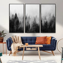 Foggy Black and White Forest Canvas Wall Art, 3 Panel Misty
