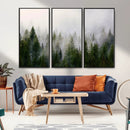 Misty Pine Forest Wall Art Canvas Print | 3 Panel Green