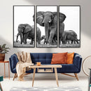 Black White Elephant Family Wall Art Canvas Print