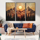 Wood Style Abstract Mountain Sunset Canvas Wall Art Print -
