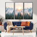 Misty Pine Forest Wall Art Canvas, Sunrise Over Foggy Trees