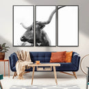Longhorn Wall Art Canvas Print – Framed Monochrome Ranch Cow