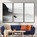 Surfer Beach Wall Art – Framed Black White Ocean Canvas