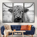 Black White Highland Cow Wall Art Canvas Print