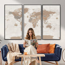 Framed Large World Map Canvas Print for Office Decor