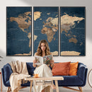 Navy Blue World Map Canvas Print – Framed Travel Map Wall