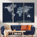 Blue Detailed World Map Wall Art Canvas Print, Modern Framed