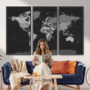 Black World Map Wall Art Canvas Print – Detailed Map of the