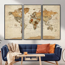 Rustic Vintage World Map Canvas Print – Framed Modern