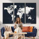Black World Map Wall Art Canvas Print for Home Office and