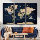 Minimalist World Map Canvas Wall Art - Watercolor Blue and