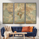World Map Wall Art Canvas Print, Rustic Map Print, Framed