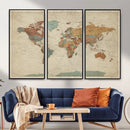 World Map Wall Art Canvas Print, Framed Rustic Atlas Art