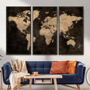 Brown World Map Canvas Print – Modern Travel Map Wall Art,