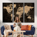 Brown World Map Canvas Print – Modern Travel Map Wall Art,