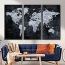 Black World Map Canvas Print – Detailed Map for Couples and