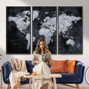Black World Map Canvas Print – Detailed Map for Couples and