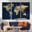 Navy Blue World Map Canvas Print – Detailed Map Minimal Navy