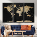 Beige World Map Canvas Wall Art Print, Minimal Black and