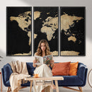Beige World Map Canvas Wall Art Print, Minimal Black and