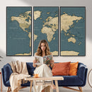 Minimal Vintage World Map Canvas Wall Art Print, Neutral