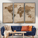 World Map Canvas Wall Art Print, Detailed Global Map Artwork