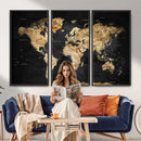 World Map Canvas Wall Art with Famous Landmarks – Framed