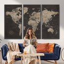 World Map Canvas Wall Art Dark Charcoal Antique Tan Detailed