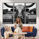 Black White Texas Longhorn Bull Canvas Wall Art, Western Ranch Cattle Photography Print, Rustic Farmhouse Cowboy Decor Artwork