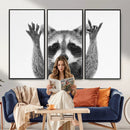 Funny Raccoon Canvas Wall Art, Black White Hands Up Animal Photo Print, Humorous Wildlife Decor, Kids Room Nursery Art, Quirky Animal Gift by MyGreatCanvas | Canvas Wall Art Prints | Photo Prints & Wall Decor