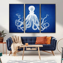 Large 3-Panel Blue Octopus Canvas Wall Art | Coastal Marine by MyGreatCanvas | Canvas Wall Art Prints | Photo Prints & Wall Decor