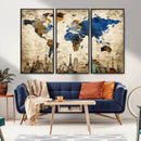 World Map Canvas Print – Vintage Blue and Gold World Map