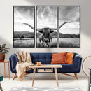Longhorn Black and White Wall Art – Rustic Western Bull