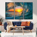 Ocean Wave Sunset Wall Art | Large Coastal Wave Canvas Print