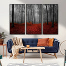 Red Forest Floor Canvas Wall Art – Mystical Foggy Woodland